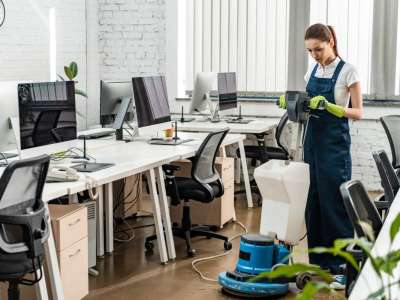 young cleaner washing floor in open space office with cleaning machine