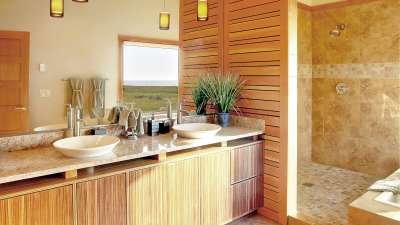 Shower and sinks in modern bathroom