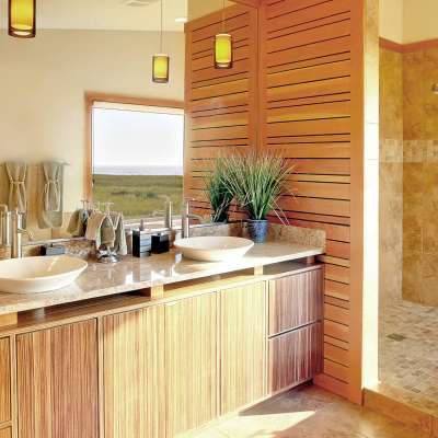 Shower and sinks in modern bathroom