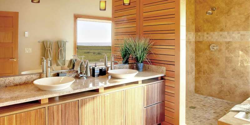 Shower and sinks in modern bathroom